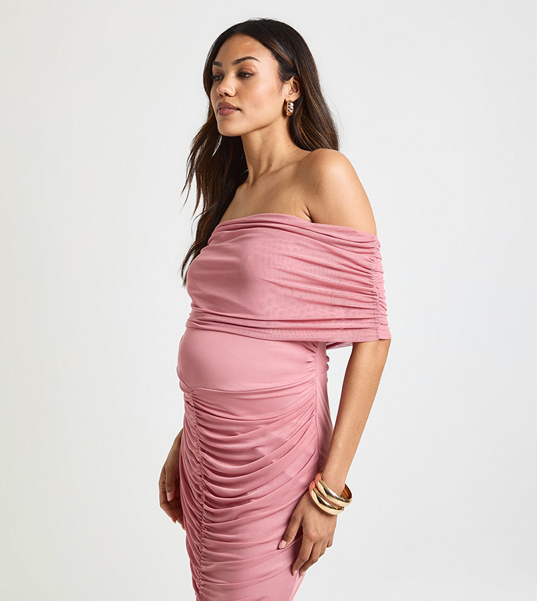 Maternity Ruched Bardot Mesh Hem Midaxi Dress