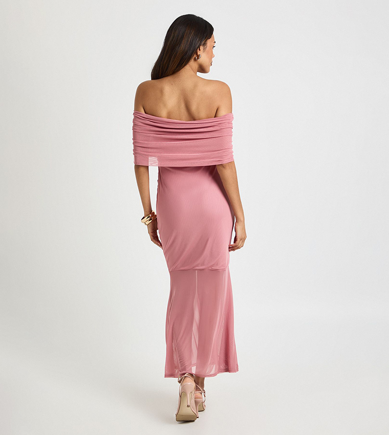 Maternity Ruched Bardot Mesh Hem Midaxi Dress