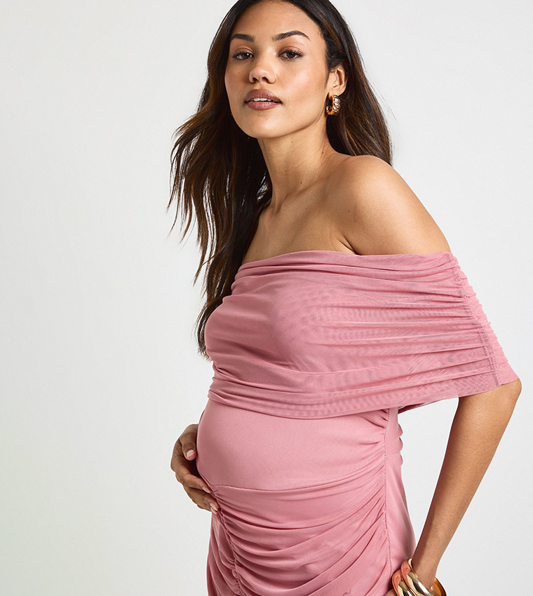 Maternity Ruched Bardot Mesh Hem Midaxi Dress
