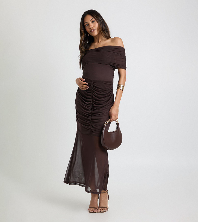Maternity Ruched Bardot Mesh Hem Midaxi Dress