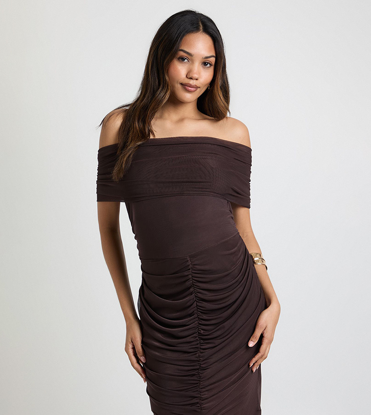Maternity Ruched Bardot Mesh Hem Midaxi Dress