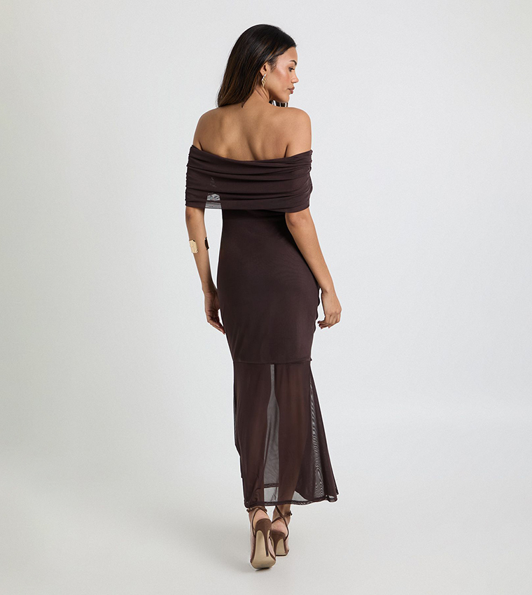 Maternity Ruched Bardot Mesh Hem Midaxi Dress