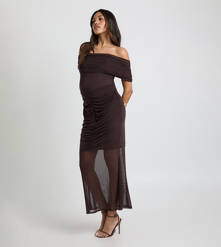 Maternity Ruched Bardot Mesh Hem Midaxi Dress