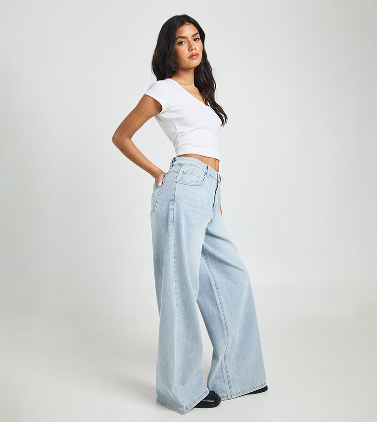 Washed Mid Waist Wide Leg Jeans