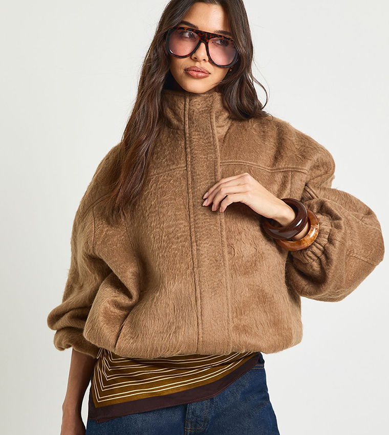 Textured Wool Look Bomber Jacket