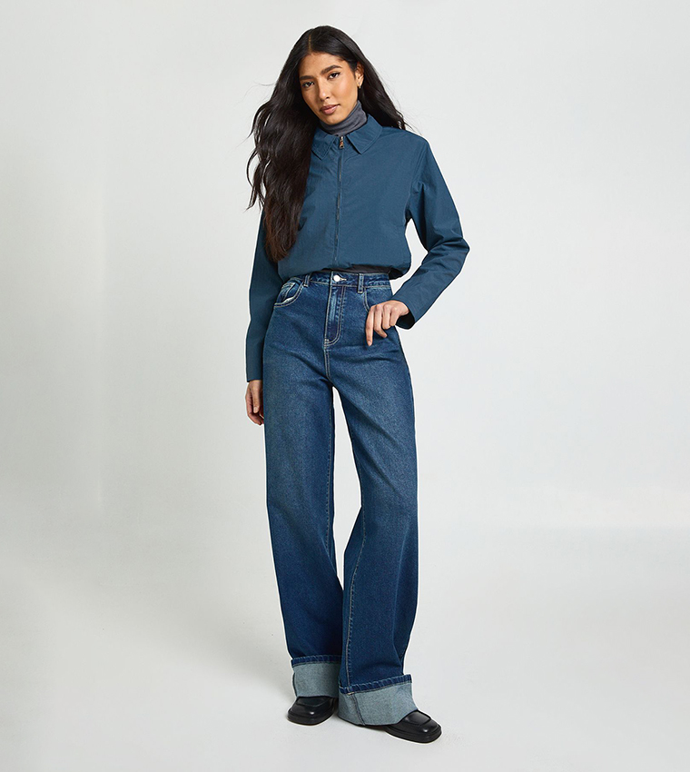 Tall Turn Up High Waist Wide Leg Jeans