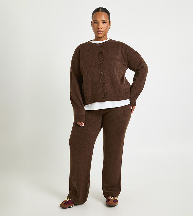 Curve Crew Neck Knitted Boxy Cardigan and Wide Leg Trouser Set