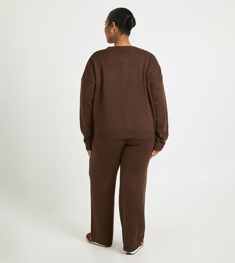 Curve Crew Neck Knitted Boxy Cardigan and Wide Leg Trouser Set