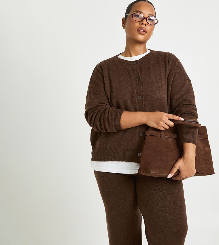 Curve Crew Neck Knitted Boxy Cardigan and Wide Leg Trouser Set