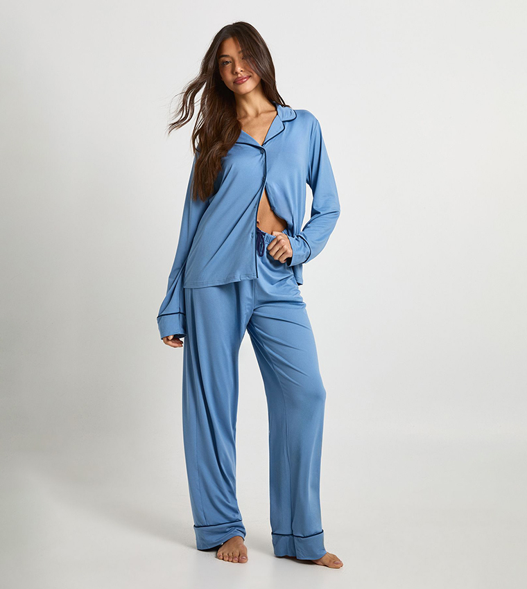 Jersey Piping Detail Long Sleeves Shirt Pajama Set