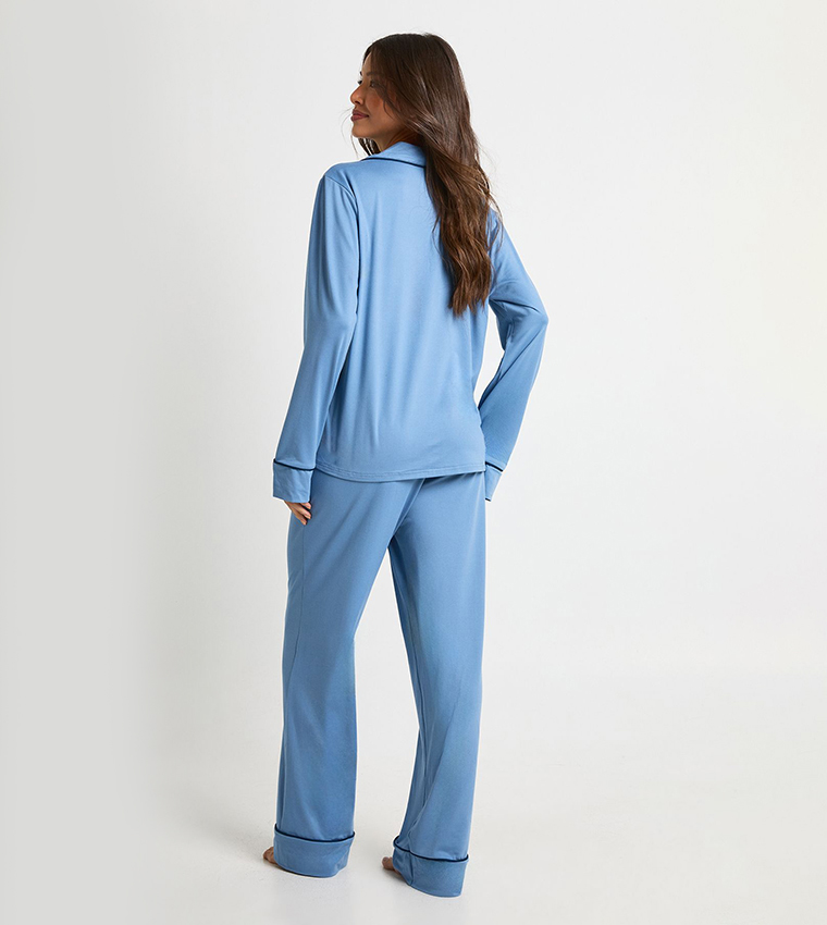 Jersey Piping Detail Long Sleeves Shirt Pajama Set