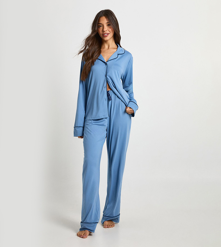 Jersey Piping Detail Long Sleeves Shirt Pajama Set