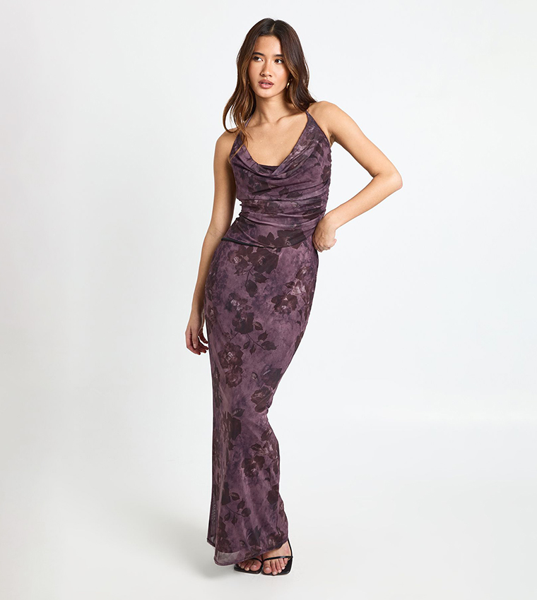 Floral Printed Mesh Maxi Skirt