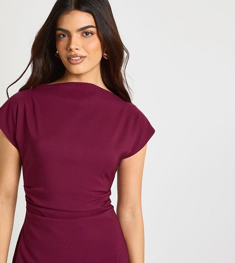 Ruched High Neck Cap Sleeves Shift Mini Dress