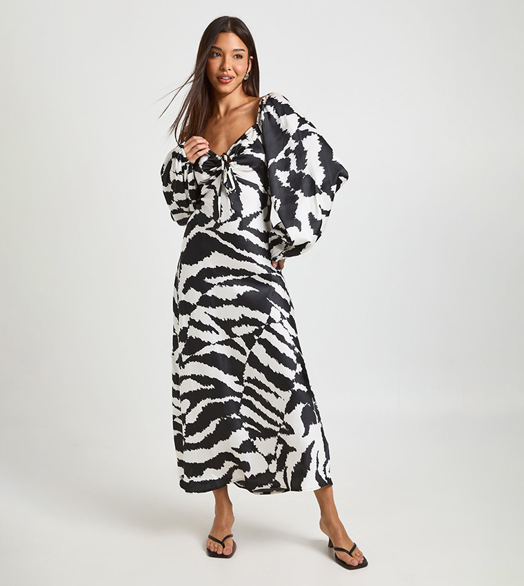 Mixed Animal Volume Sleeves Satin Midaxi Dress
