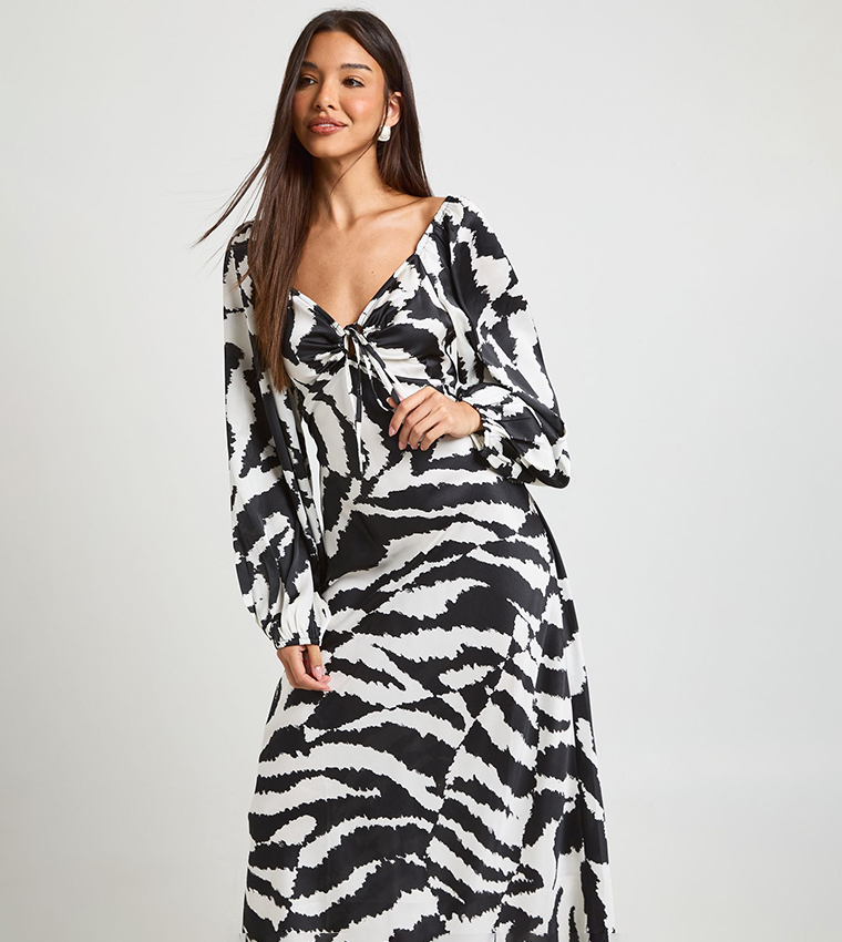 Mixed Animal Volume Sleeves Satin Midaxi Dress