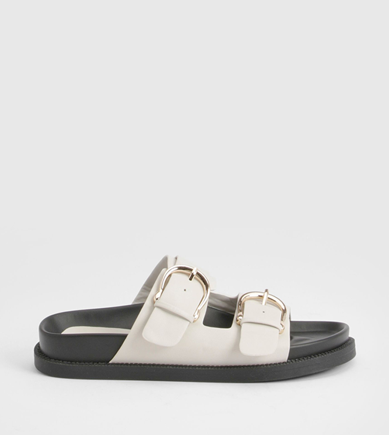 Double Strap Gold Buckle Detail PU Comfort Sandals