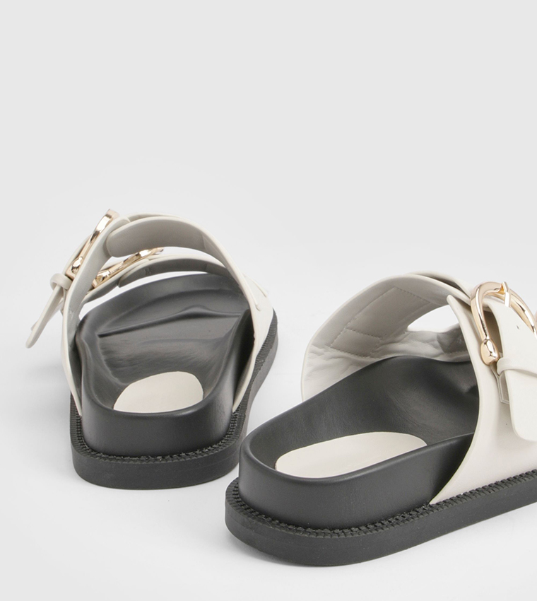 Double Strap Gold Buckle Detail PU Comfort Sandals