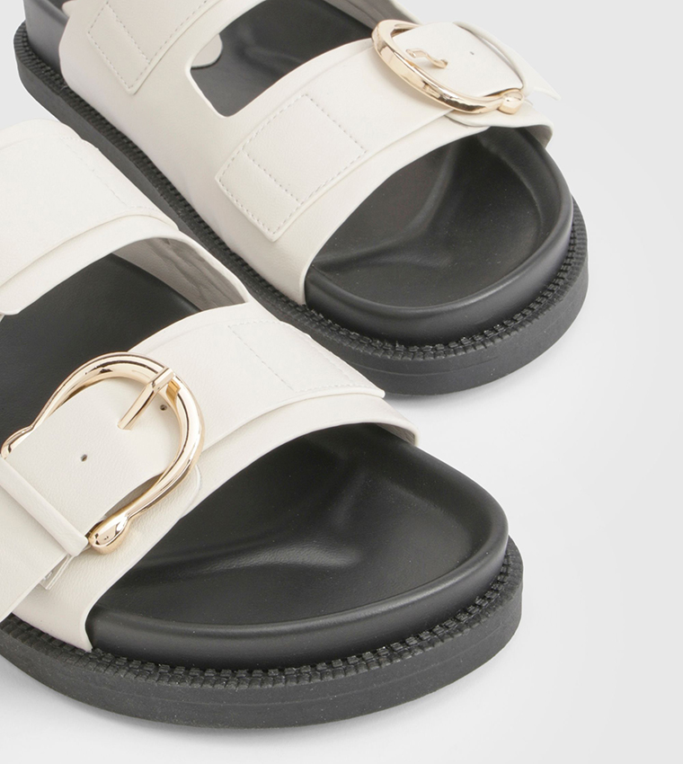 Double Strap Gold Buckle Detail PU Comfort Sandals