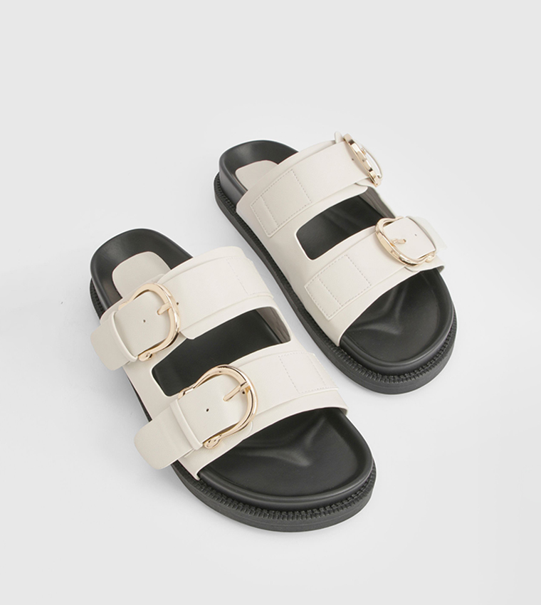 Double Strap Gold Buckle Detail PU Comfort Sandals
