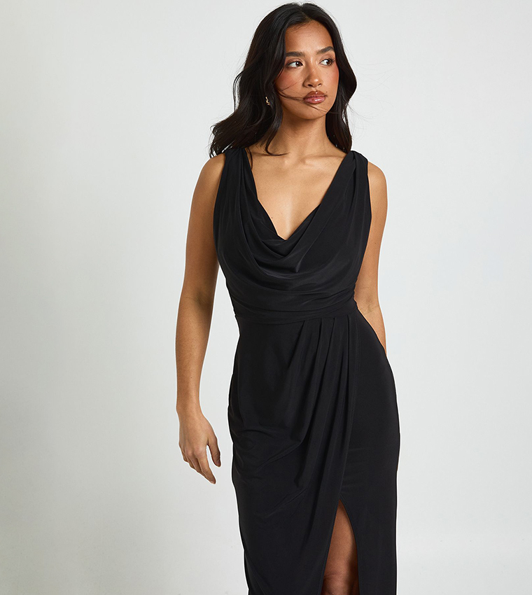 Petite Slinky Ruched Wrap Maxi Dress