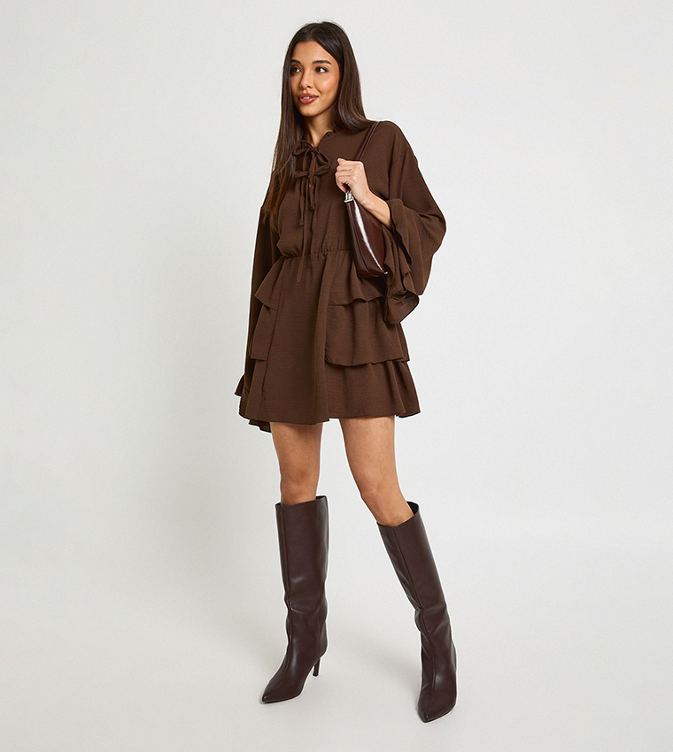 boohoo ruffle detail smock mini dress boohoo Women's Hammered Ruffle Detail Smock Dress