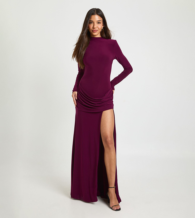 Buy Boohoo Slinky Shoulder Pad Drape Detail Maxi Dress In Purple |  6thstreet Oman