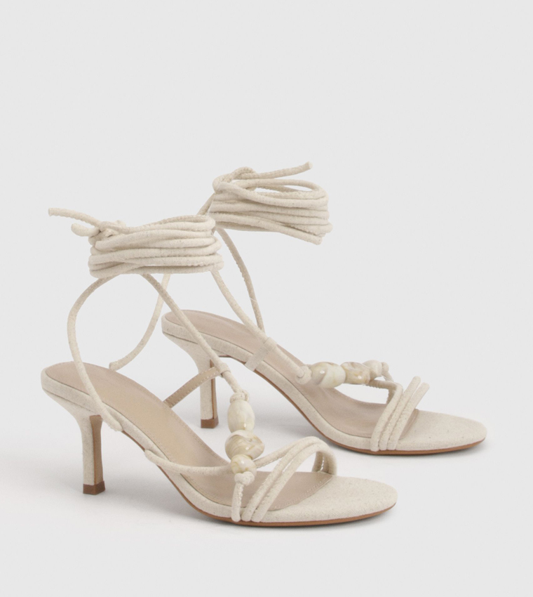 Linen Bead Detail Asymmetric Strappy Heel Sandals