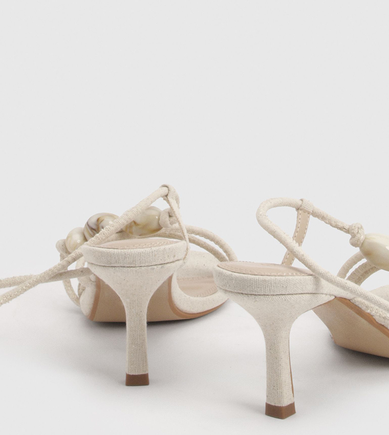 Linen Bead Detail Asymmetric Strappy Heel Sandals