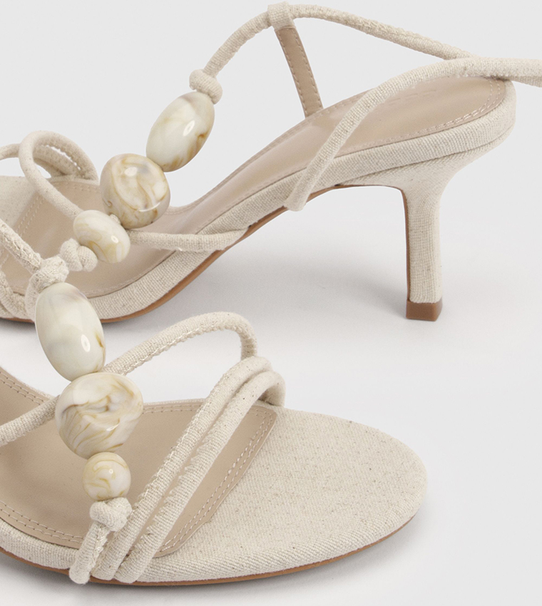 Linen Bead Detail Asymmetric Strappy Heel Sandals