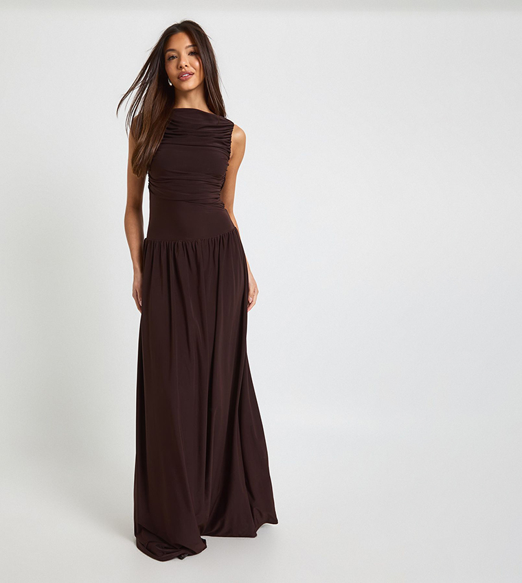 Ruched Dropped Waist Maxi Dress