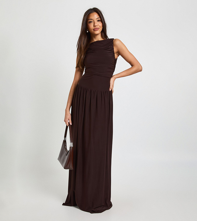 Ruched Dropped Waist Maxi Dress