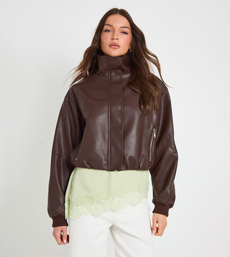Funnel Neck Zip Pockets Faux Leather Jacket
