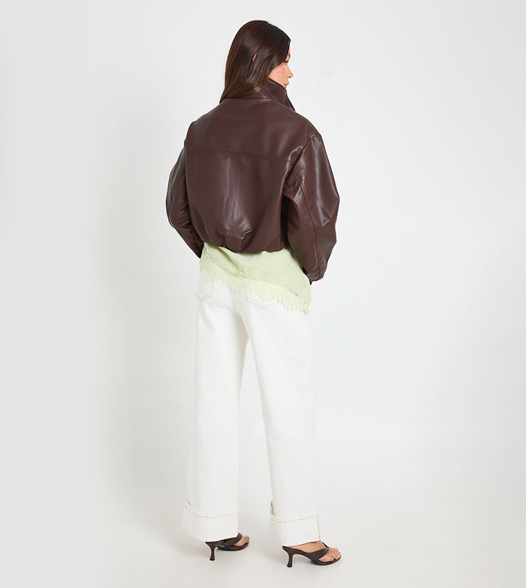 Funnel Neck Zip Pockets Faux Leather Jacket