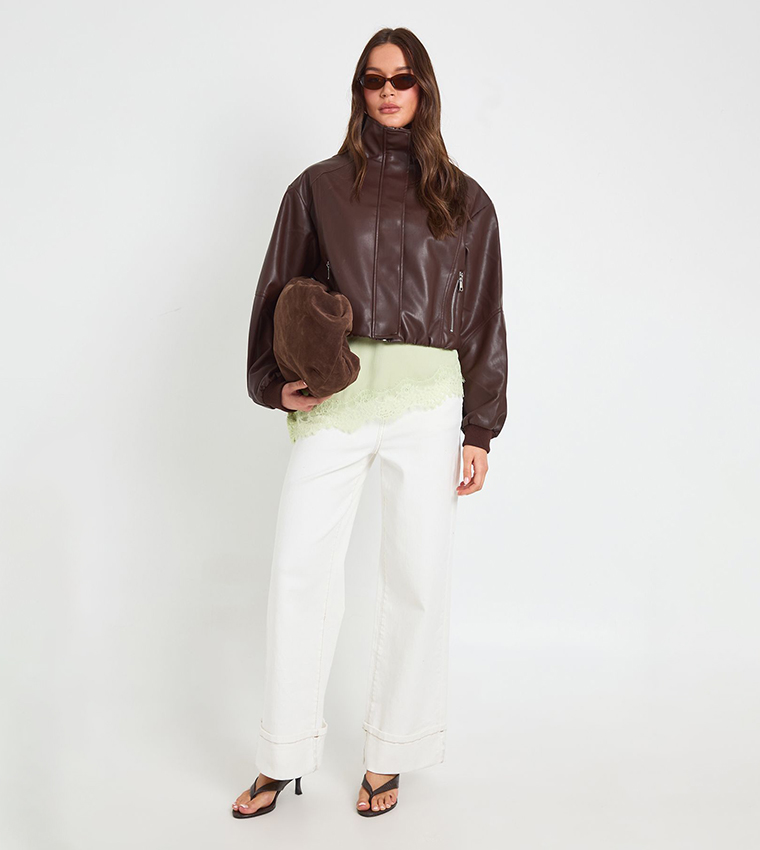 Funnel Neck Zip Pockets Faux Leather Jacket