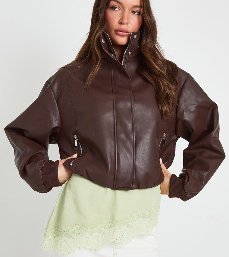 Funnel Neck Zip Pockets Faux Leather Jacket