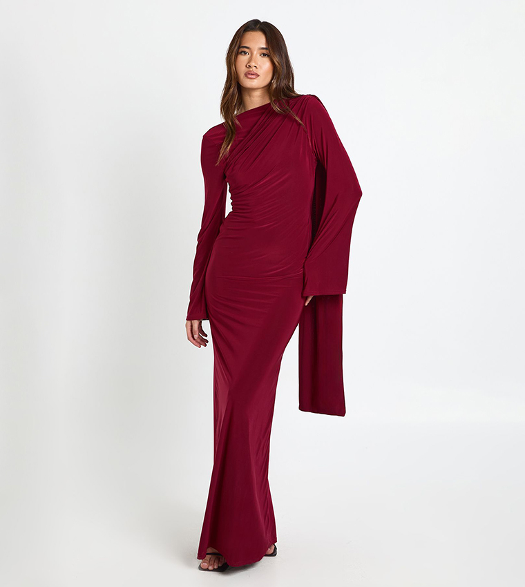 Buy Boohoo Long Sleeves Drape Detail Maxi Dress In Red | 6thstreet Kuwait