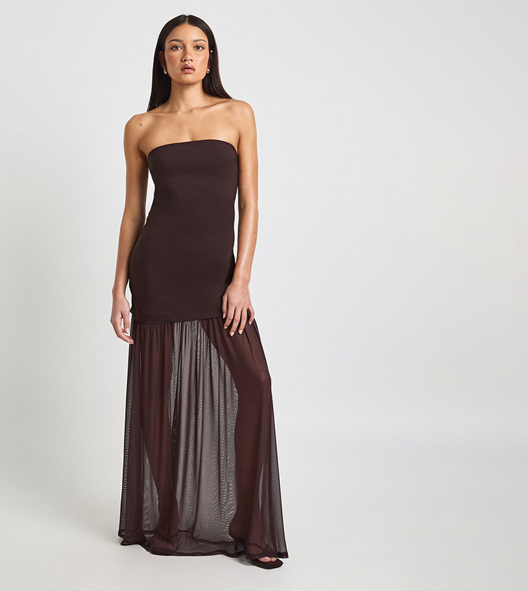 Buy Boohoo Bandeau Sheer Hem Maxi Dress In Brown | 6thstreet Bahrain Buy Boohoo Bandeau Sheer Hem Maxi Dress In Brown | 6thstreet Bahrain
