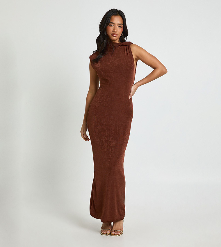 Buy Boohoo Petite Acetate Slinky Twist Neck Maxi Dress In Brown | 6thstreet  UAE