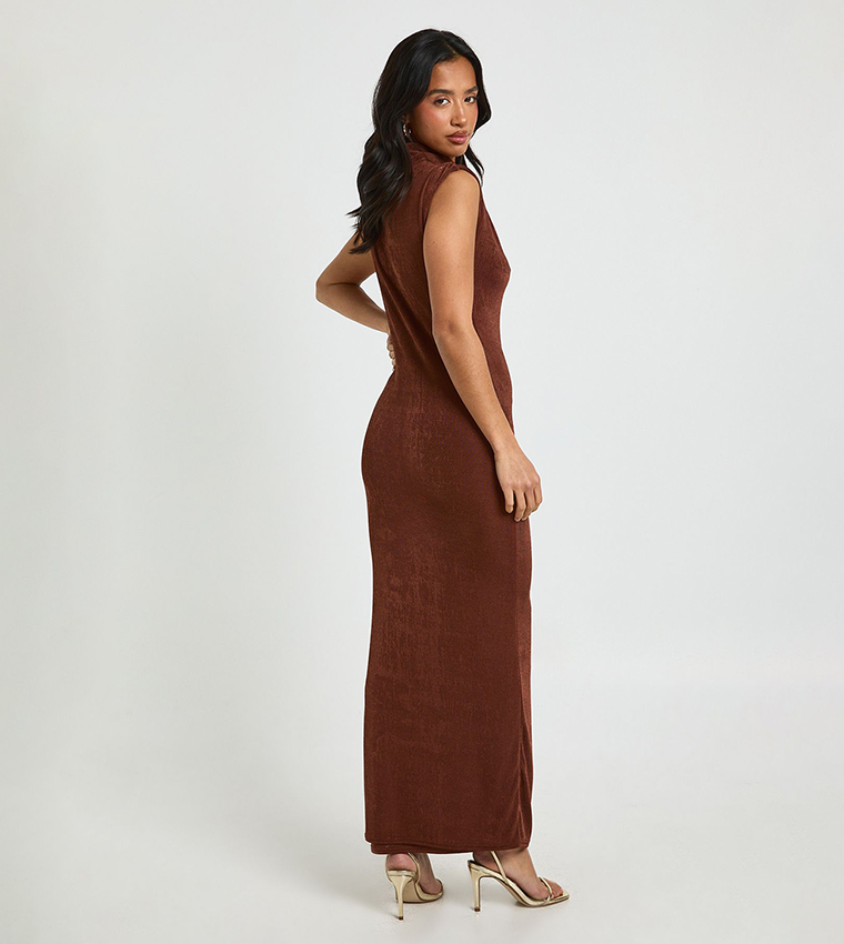 Buy Boohoo Petite Acetate Slinky Twist Neck Maxi Dress In Brown | 6thstreet  UAE