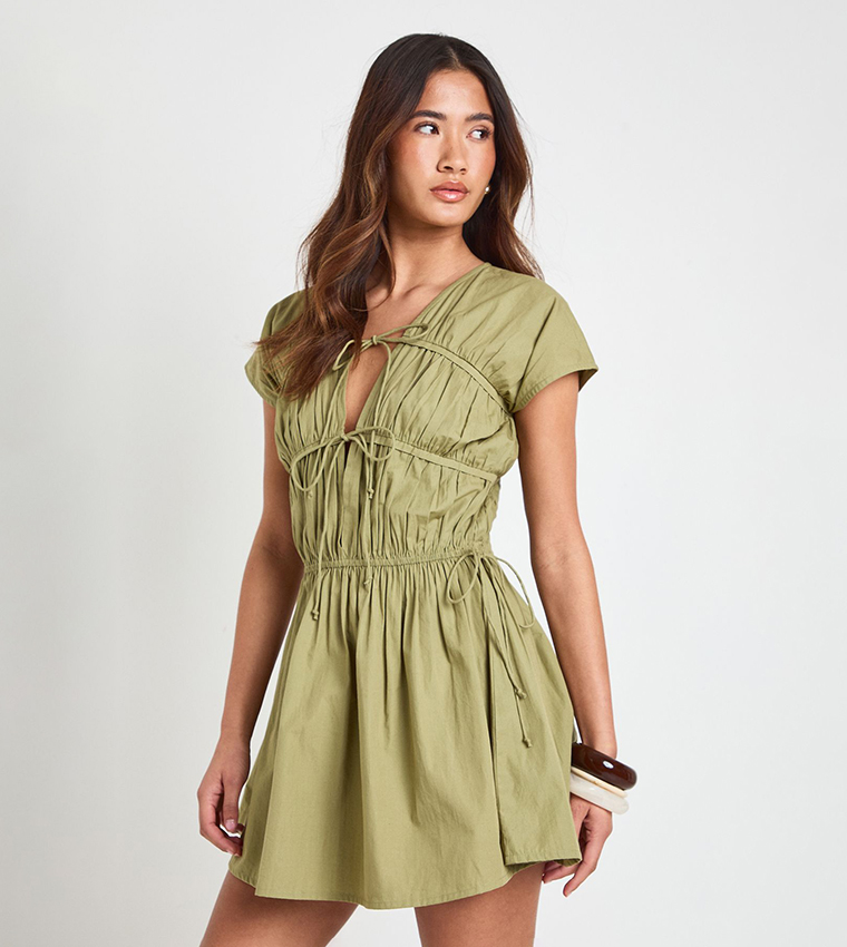 Poplin Shirred Front Tie Mini Dress