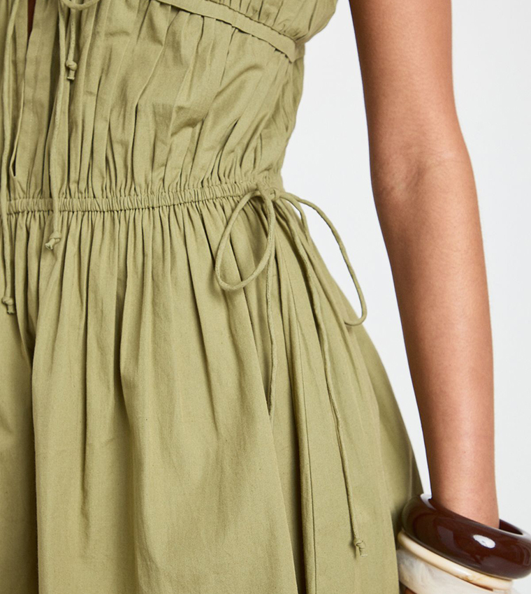 Poplin Shirred Front Tie Mini Dress