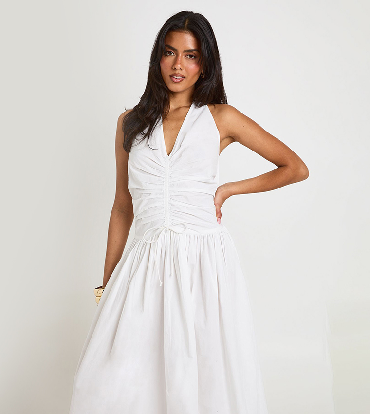 Cotton Poplin Halter Neck Front Gathered Skater Maxi Dress