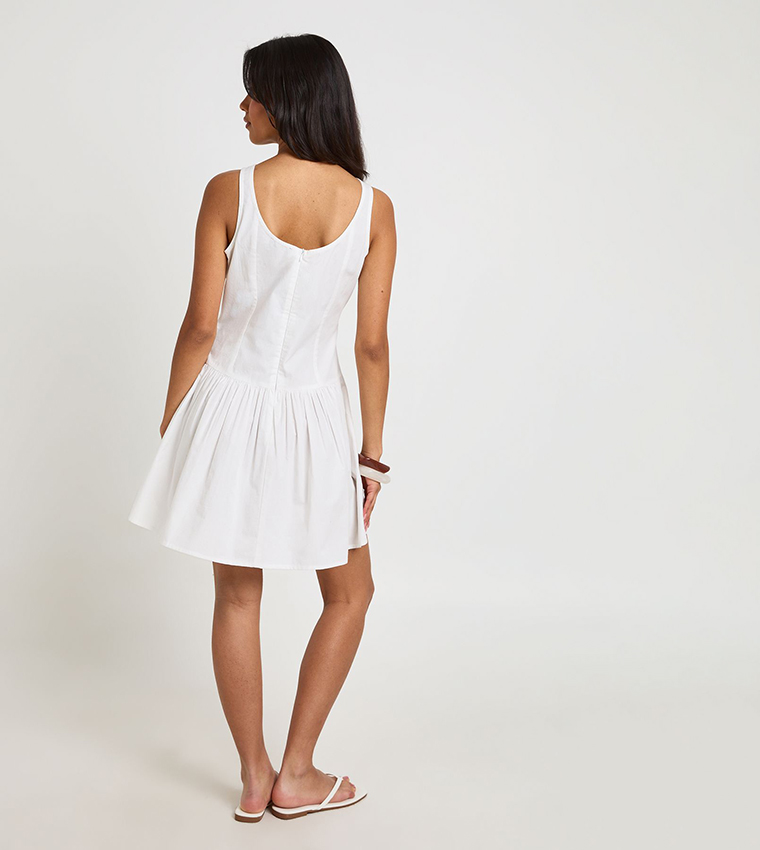 Cotton Poplin Button Through Boat Neck Mini Dress