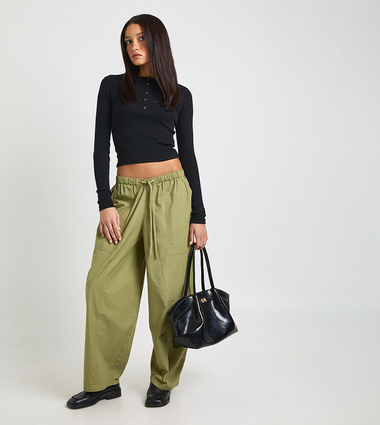 Poplin Elastic Waistband Barrel Fit Trousers