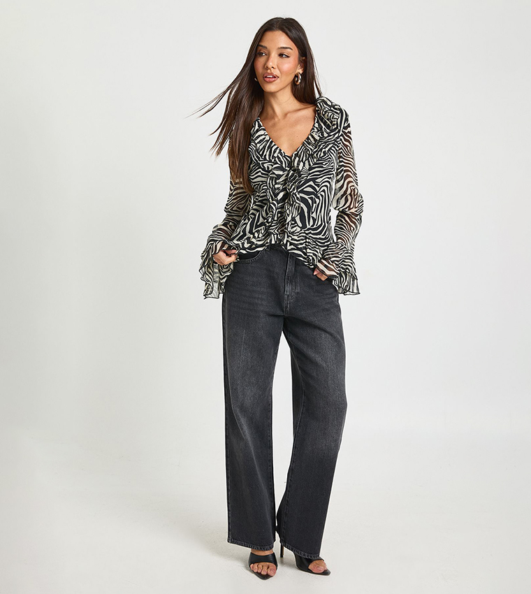 Zebra Patterned Chiffon Ruffled Top