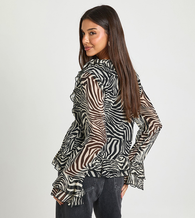 Zebra Patterned Chiffon Ruffled Top