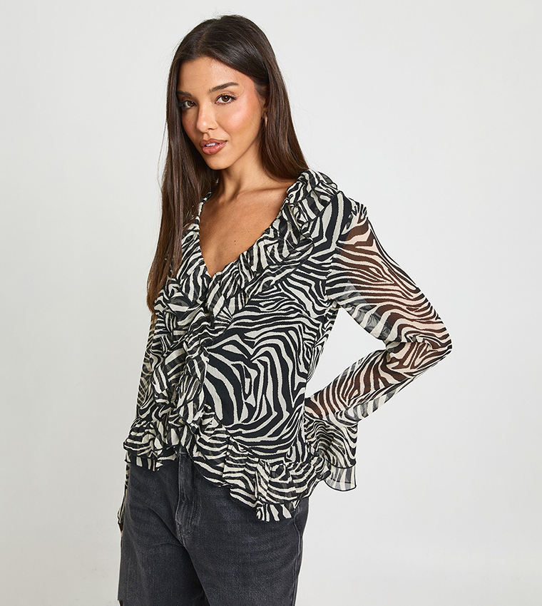 Zebra Patterned Chiffon Ruffled Top