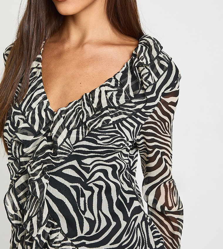 Zebra Patterned Chiffon Ruffled Top