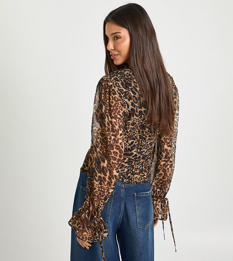 Leopard Patterned Chiffon Tie Cuff Top
